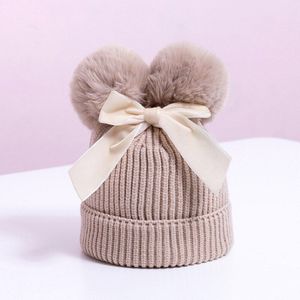 Winter Dubbele Pompom Gebreide Muts Voor Kinderen Meisjes Warme Dikke Baby Caps Met Boog Kinderen Accessoires Motorkap