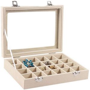 24 rooster Beige Fluwelen Glas Ringen Kettingen Storage Display Box Make Holder Case Organizer Oorstekers Sieraden Opbergdoos