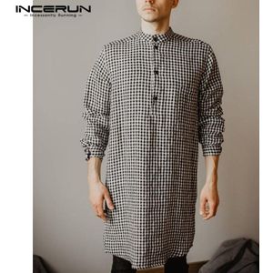 INCERUN Mannen Plaid Casual Shirt Stand Kraag Lange Mouwen Losse Lange Shirts Mannen Moslim Islamitische Kaftan Pak Overhemd