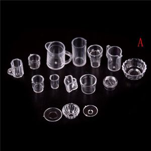 15 Stks/set Miniatuur Transparante Plastic Plaat Cup Gerechten Kom Servies Set 1:12 Schaal Doll Voedsel Keuken Koken Accessoires