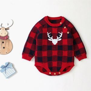 Christmas Newborn Baby Girl Boy Knit Bodysuit Xmas Deer Long Sleeve Button O Neck Basic Plaid Jumpsuit
