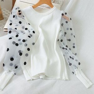 Neploe Lente Dot Print Mesh Patchwork Vrouwen Trui Toevallige O Hals Lange Mouwen Truien Slim Fit Vrouwelijke Tops 80864