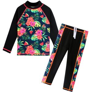 Baohulu Zwarte Bloemen Meisjes Badmode Lange Mouwen Kinderen Badpakken 2 Stuks Set Badpak Kids Teens Badpak Beachwear