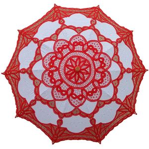 Borduren Lace Bridal Paraplu Parasol Zwart Rood Wit Katoen Zonnescherm Voor Bruid Houten Handvat Bruiloft Decoratie Paraplu