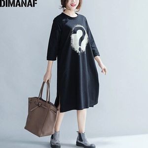 DIMANAF Plus Size Herfst Vrouwen Jurken Lady Casual Vestidos Katoen Dikker Print Vrouwelijke Kleding Losse Basic Zwarte Jurk