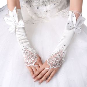Vrouwen Bruids Lange Handschoenen Vingerloze Bloemen Kant Patchwork Wanten Glitter Strass Grote Strik Lengte Haak Vinger Warmer