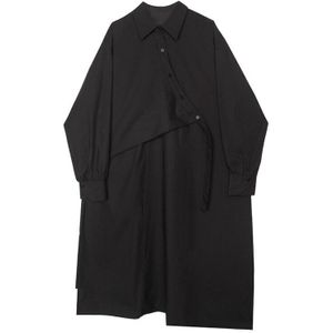 [Eam] Vrouwen Zwart Onregelmatige Split Joint Big Size Shirt Jurk Revers Lange Mouwen Loose Fit Mode Lente herfst 1DB127