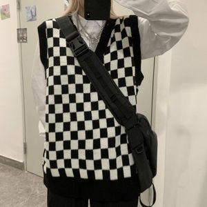 Harajuku Check Vest Vrouw Herfst Losse Vrouwen Trui Gebreide Mode V-hals Mouwloos Streetwear Vesten