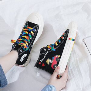 Vrouw Oranje Schoenen Hoge Top Sneakers Lente Stijlvolle Meisjes Schoenen Gevulkaniseerd Graffiti Canvas Wandelschoenen J2-76