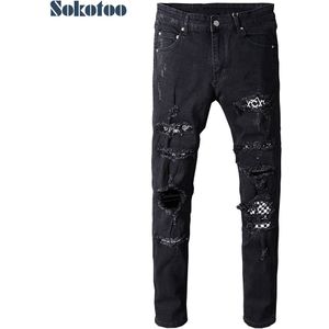 Sokotoo heren zwart wit patch gaten ripped jeans Plus size slim fit skinny verontruste stretch denim broek