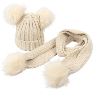 Peuter Kids Winter Warm Tricot Beanie Hat Met Lange Sjaal Set Effen Kleur Leuke Dubbele Pom Pom Oor Cuffed schedel Cap