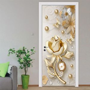 Deurstickers - 3D Gouden Bloem - Waterdichte Zelfklevende PVC Muurschildering - Groot Formaat 95x215cm