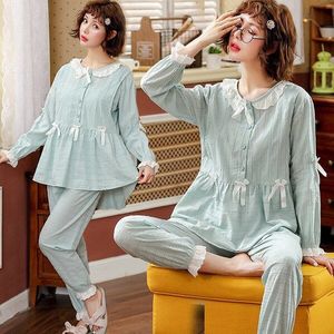 Mooie Leuke Moederschap Pyjama 2 Delige Set Kant Patchwork Borstvoeding Shirts + Verstelbare Buik Broek Outfits Zwangere Nachtkleding