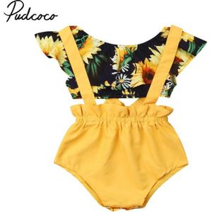 Peuter Baby Meisje Kleding Zonnebloem Tops Katoen Bloem Overalls Pak + Blouse Zomer Outfit Set Mooie Kleding 0- 18 M