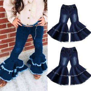 Peuter Kids Baby Meisjes Denim Broek Cowboy Bell-Bottom Broek Dubbele Ruche Wijde Pijpen Voor Kinderen