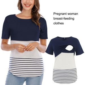 Zwangere Vrouwen Borstvoeding Top Borstvoeding T-shirt Korte Mouw Gestreepte Ronde Hals Soft