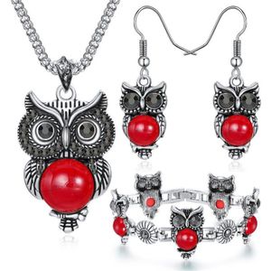 Famshin Etnische Sieraden Sets Antieke Zilveren Kleur Ketting Rood Zwart Kralen Uil Hanger Ketting Uil Oorbellen Charme Armband