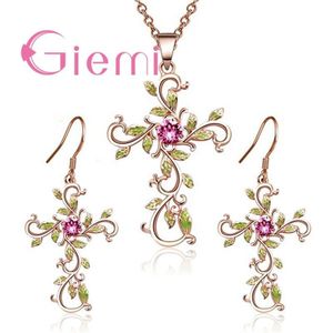 Boho Zirconia Cross Earring Ketting Sieraden Set 925 Sterling Zilveren Blad Bloem Ring Oorbellen Statement Kettingen