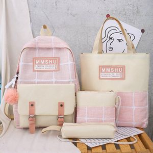 4 Stuk Set Van Koreaanse Mode Plaid Rugzak Canvas Mannelijke En Vrouwelijke Studenten Multifunctionele Schooltas Outdoor Reizen Alle-Match