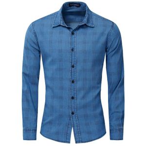 Heren Zomer Lange Mouwen Denim Shirts Plaid 100% Katoen Europa Size Mannelijke Office Casual Shirt Tops Camisa Masculina J2836