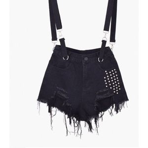 Zwarte Band Mini Denim Shorts Vrouwen Jeans Punk Gat Kwastje Blauw Pastel Goth Pantalones Vaqueros Mujer Micro Kralen Dekorasyon