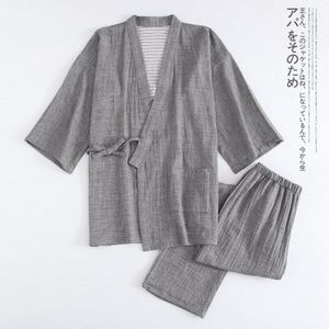 Effen Kleur Puur Katoen Samurai Nachtkleding Set Baden Yukata Nachtkleding Traditionele Japanse Kimono Voor Mannen Pyjama Set