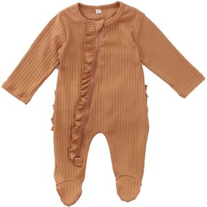 Pasgeboren Stuk Footed Pyjama Baby Baby Boy Meisjes Solid Lange Mouwen Ronde Hals Ruche Rits Nachtkleding Nachtkleding