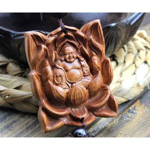 Houtsnijwerk Chinese Knoop Lotus Gelukkig Maitreya Boeddha Auto Hanger Amulet Craft