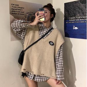 Vrouwen Trui Vest Gebreide Gat Vintage Eenvoudige Preppy Stijl Patch Ontwerpen Meisjes Truien Studenten Casual Solid Loose Jumpers