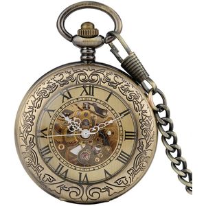 Antiek Brons Transparant Mechanische Automatische Self-Wind Zakhorloge Mannen Vrouwen Fob Horloge Met Pocket Ketting Retro