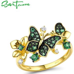 Santuzza Zilveren Ring Voor Vrouwen 925 Sterling Zilveren Vlinder Goud Kleur Glanzende Groene Spinel Elegante Trendy Party Fijne Sieraden