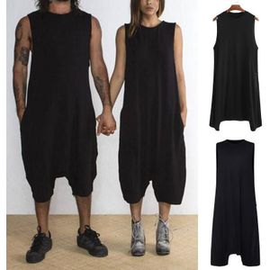 Mode Zomer Mannen Jumpsuit Mouwloze Losse Zwarte Broek Romper Effen Kleur Ronde Hals Laag Kruis Jumpsuit Oversized Rave Outfit