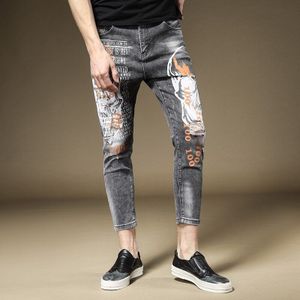 Mode Mannelijke Mannen Jeans Slanke Gat Zwart Cropped Broek Ripped Zomer Dunne Gedeelte Straat Print Trendy broek