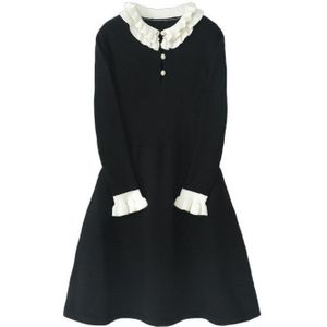 Ruches Kraag Lange Mouw Hoge Taille Mini Gebreide Jurk Vrouwen Tops A-lijn Trui Jurken Lente Herfst Casual Robes T2235