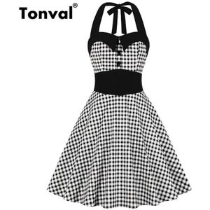 Tonval Boerenbont 1950s Halter Button Front Vintage Plaid Party Dress Vrouwen Pin Up Fit en Flare Backless Hoge Taille retro Jurk
