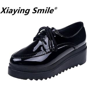 Xiaying Glimlach shose vrouwen Helling hak enkele schoenen dikke zolen muffin schoenen Britse retro gesneden schoenen kant casual Maat 35 -39