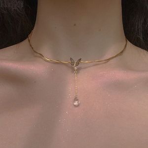 Hangzhi Retro Vlinder Parel Ketting Waterdrop Crystal Hanger Gouden Choker Kraag Koppel Voor Vrouwen Meisjes Sieraden