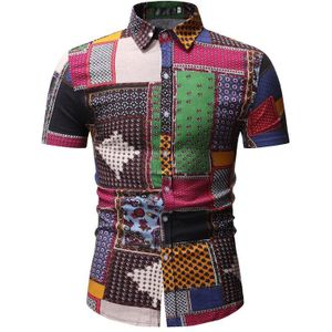 Boho Patchwork Plaid Geo Print Tee mannen Katoenen Shirt Korte Mouw Knop Multicolor Fitness Top Wear Voor Mannen Kleur geblokkeerd