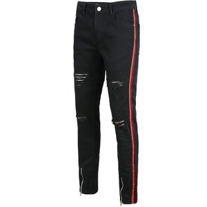 Sokotoo mannen rood zwart streep lijn patchwork ripped jeans Slim fit ritsen gaten verontruste stretch denim broek