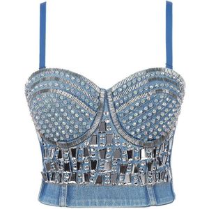 Europese Amerikaanse Nail Vormige Halter Riem Vest Netto Rode Wear Ondergoed Stadium Kostuum Gestreken Boor Denim Corset Sexy Vrouwen