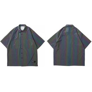 Lenstid Mens Harajuku Ab Kleur Reflecterende Shirt Hip Hop Shirt Streetwear Zomer Strand Overhemd Losse Mode Korte Mouw Tops