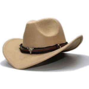 Retro Vintage Kid Kinderen Wol Brede Rand Cowboy Western Cowgirl Bolhoed Fedora Cap Bull Head Oxhead Braid Band (54Cm/Aanpassen)