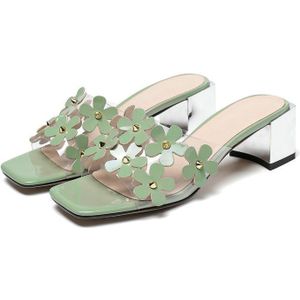 Qutaa Open Tenen Bloemen Sandalen Pu Leer Transparante Dames Pumps Zomer Vierkante Hak Slingback Vrouwen Schoenen Big Size 34-42