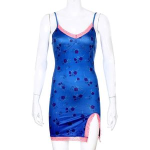 Allneon Y2K Mode Bloemen Spaghetti Band Kant Versieringen Cami Jurken E-Meisje Stye V-hals Slit Hems Backless Gebloemde Jurk partywear