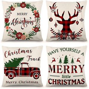 4 Stuks Kerst Kussensloop Rode Plaid Antieke Linnen Sofa Kussensloop Kerst Decoratie 45Cm * 45Cm