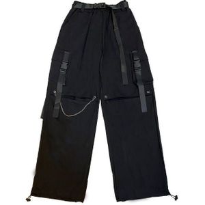 Ripped Straight Broek Mannen Mode Multi-Pocket Overalls Mannen Streetwear Losse Hip-Hop Gat Riem Zwarte Broek mens M-XL