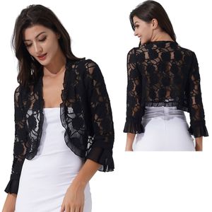 Dames Sjaals Half Mouw Ruches Bloemen Kant Bolero Bolero Open Vest Tops Dames Bruiloft Wrap Bridal Shawl