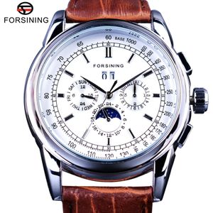 Forsining Moonphase Kalender Display Bruin Lederen ShangHai Automatische Beweging Heren Horloges Top Brand Luxe Mechanische Horloges