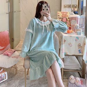 Flanel Sleepshirts Vrouwen Zoete Patchwork Boog Midi Losse Gezellige Dikkere Lange Mouwen Nachthemden Mooie Tieners Lounge Chic Femme