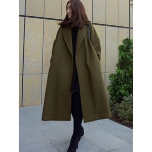 Koreaanse Mode Wol Mix Herfst Winter Lange Jas Casual Army Green Plus Size Oversized Losse Vrouwen Streetwear Dikke Uitloper